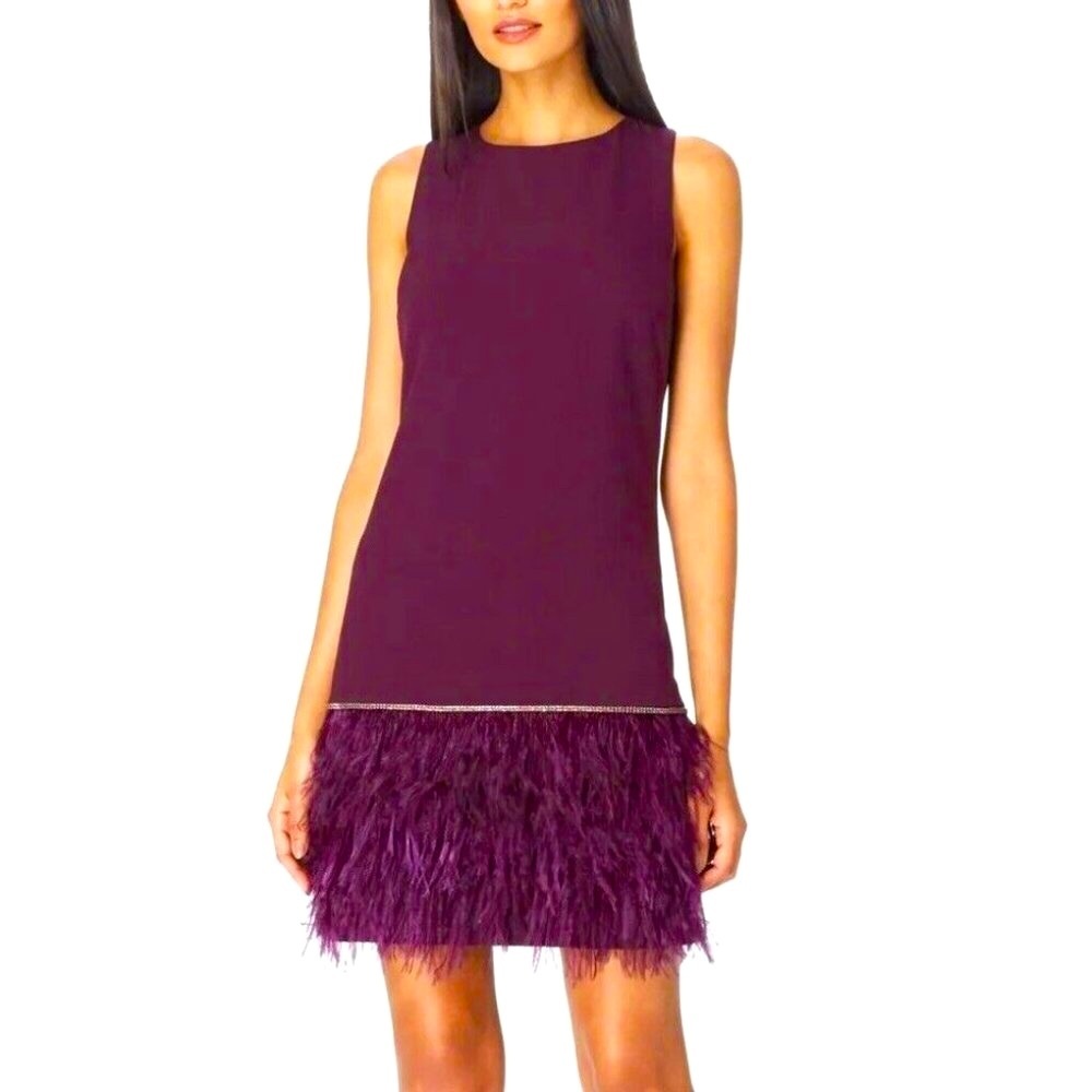 NWT TAHARI Arthur S. Levine Purple Feather Rhinestones Mini Cocktail Dress 12 - Picture 3 of 9